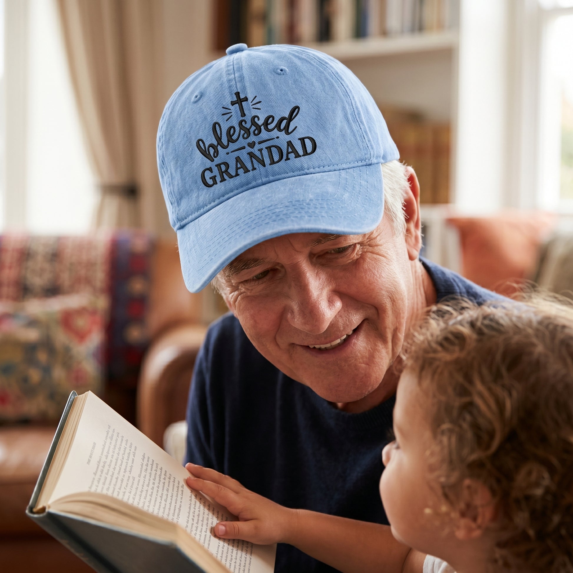 Light blue washed baseball cap with embroidered Christian Grandad design worn by a grandfather.
