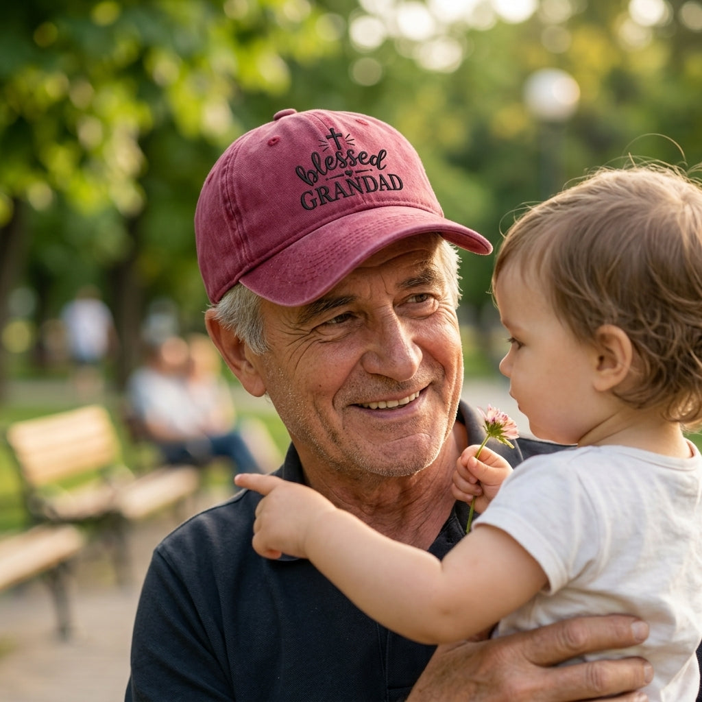 Maroon washed baseball cap with black embroidered Blessed Grandad artwork worn by a grandpa.