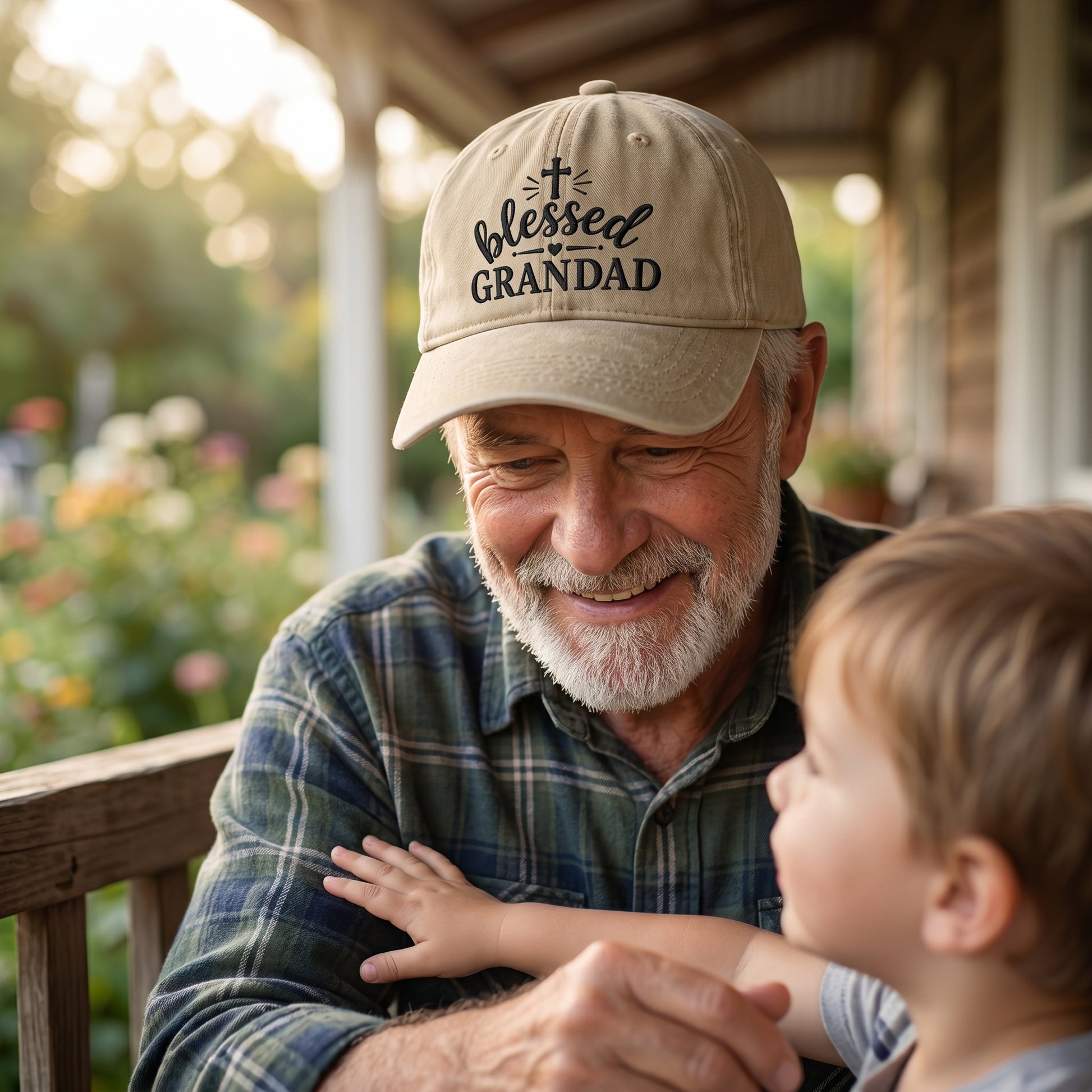 Sand washed baseball cap with black embroidered Blessed Grandad design worn by a grandpa.