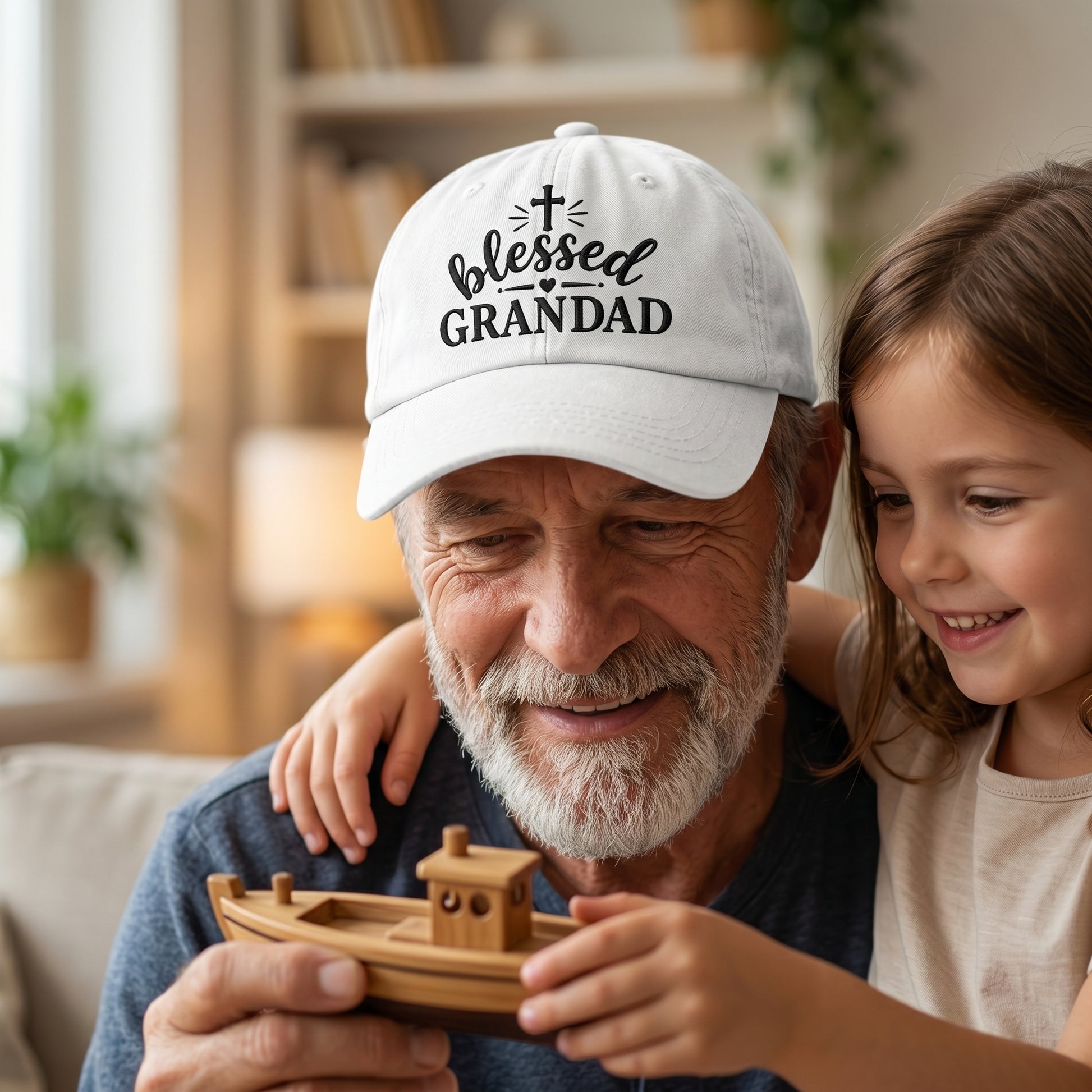 White washed baseball cap with embroidered Blessed Grandad design worn by a grandfather.