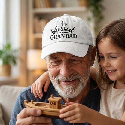 White washed baseball cap with embroidered Blessed Grandad design worn by a grandfather.