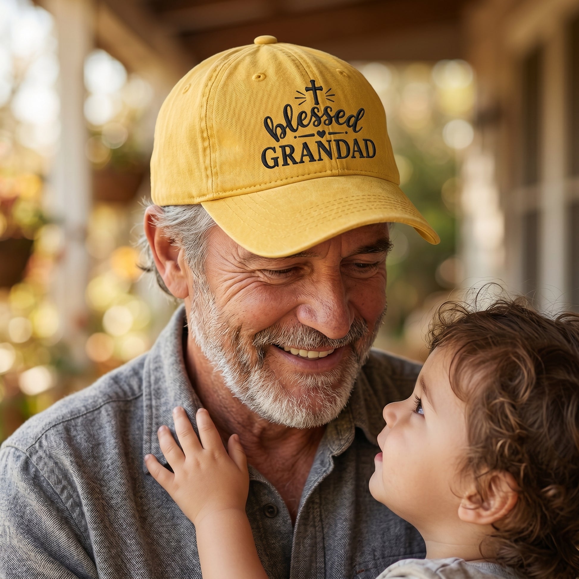 Yellow washed baseball cap with black embroidered Blessed Grandad text worn by a grandpa.