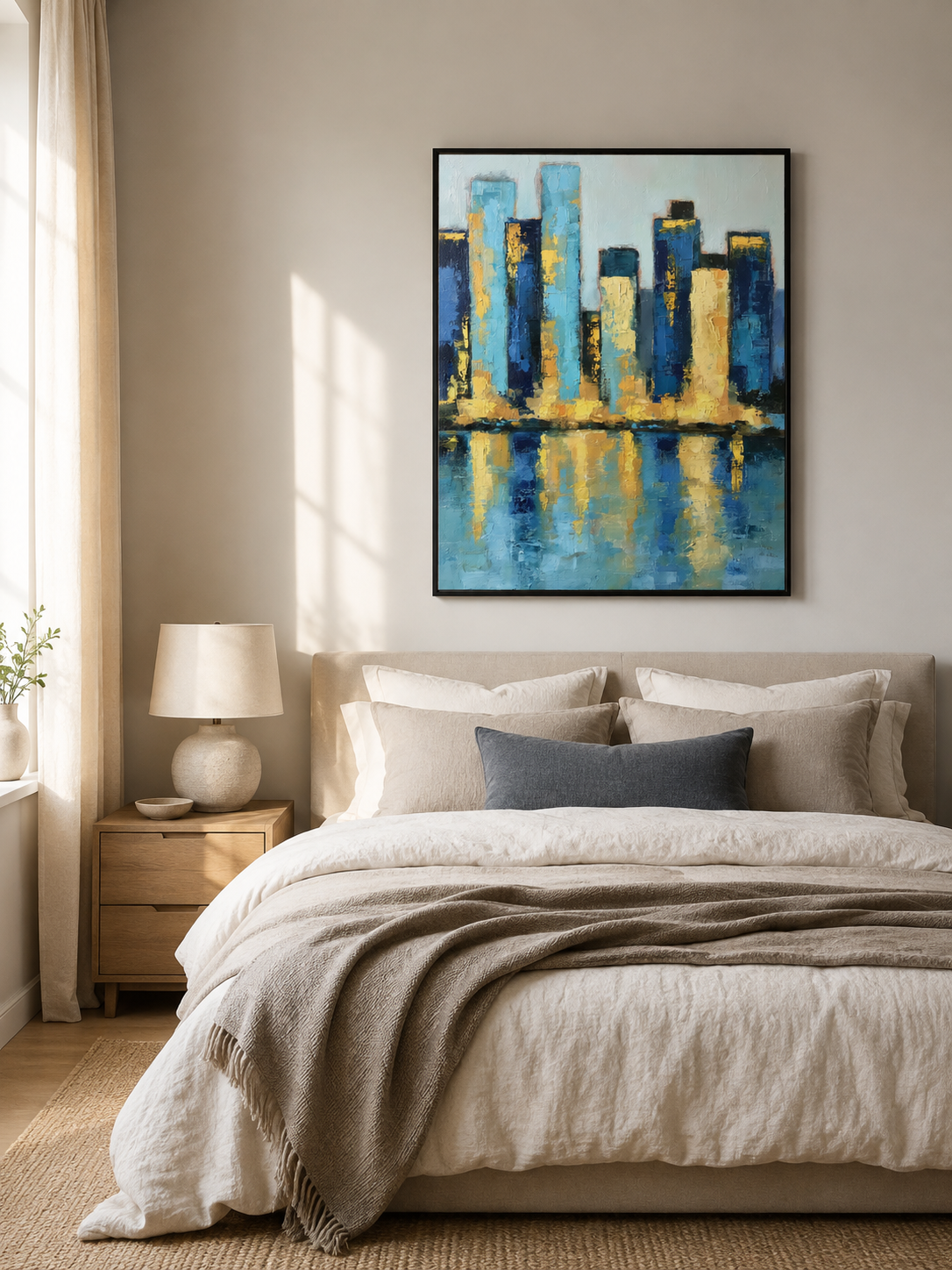 Blue Cityscape Wall Art - Wall Art Decor - lifestyle shot - blue cityscape wall art, blue skyline art print