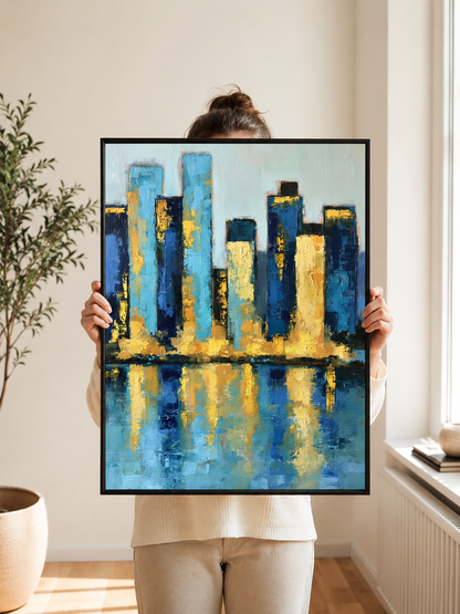 Blue Cityscape Wall Art - Wall Art Decor - packaging - blue cityscape wall art, blue skyline art print