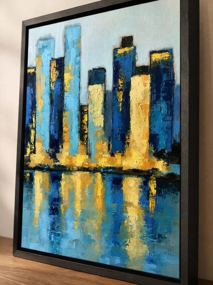 Blue Cityscape Wall Art - Wall Art Decor - front view - blue cityscape wall art, blue skyline art print