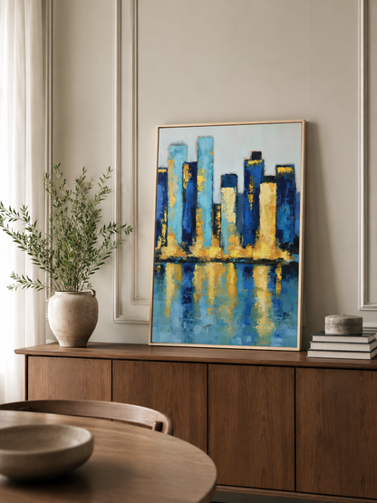 Blue Cityscape Wall Art - Wall Art Decor - lifestyle shot - blue cityscape wall art, blue skyline art print