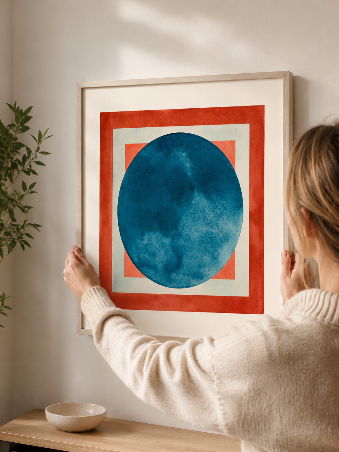 Blue Coral Geometric Wall Art - Wall Art Decor - lifestyle shot - blue coral geometric wall art, blue geometric art print