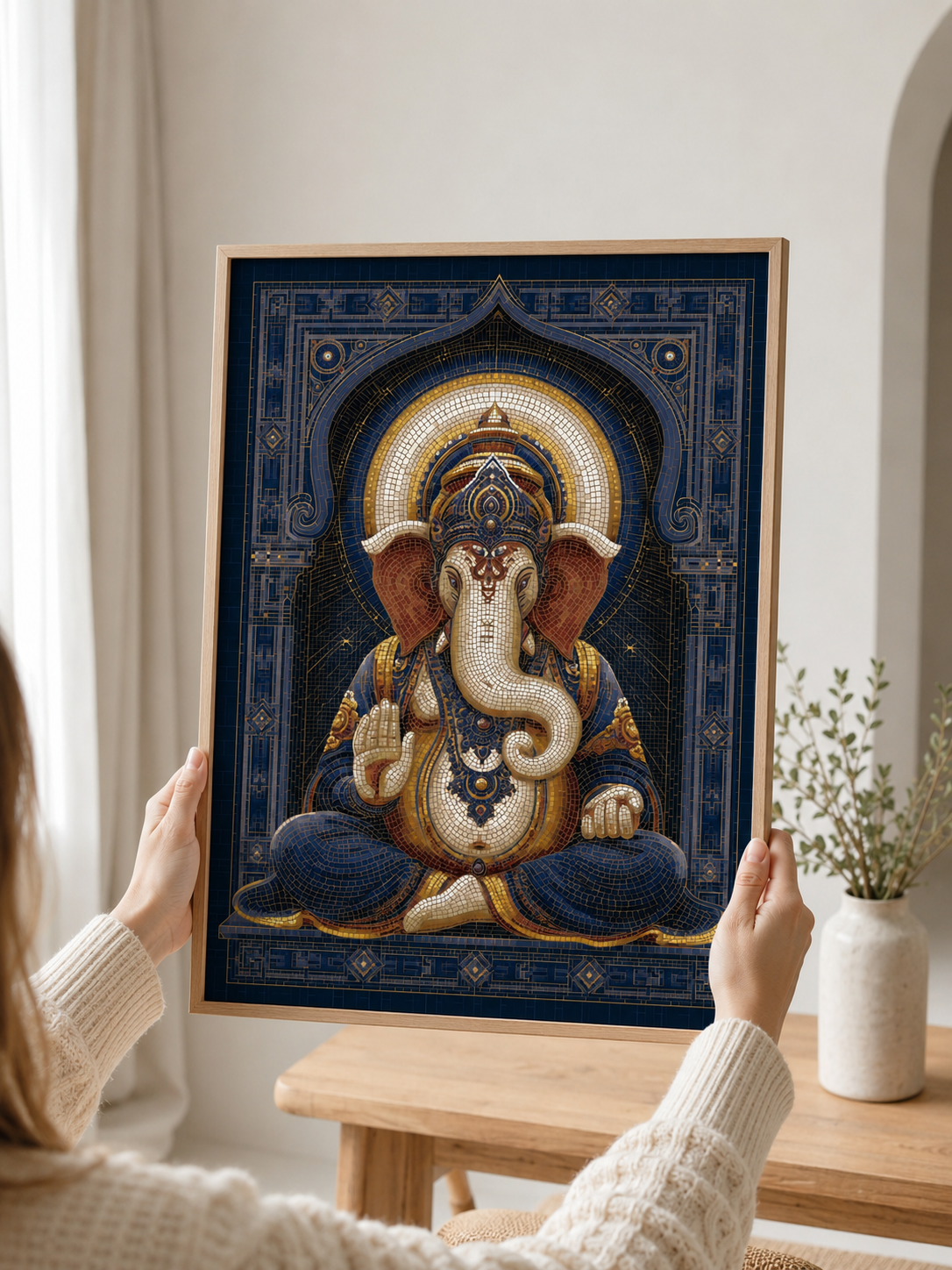 Blue Ganesha Wall Art - Wall Art Decor - detail view - blue ganesha wall art, ganesha art print