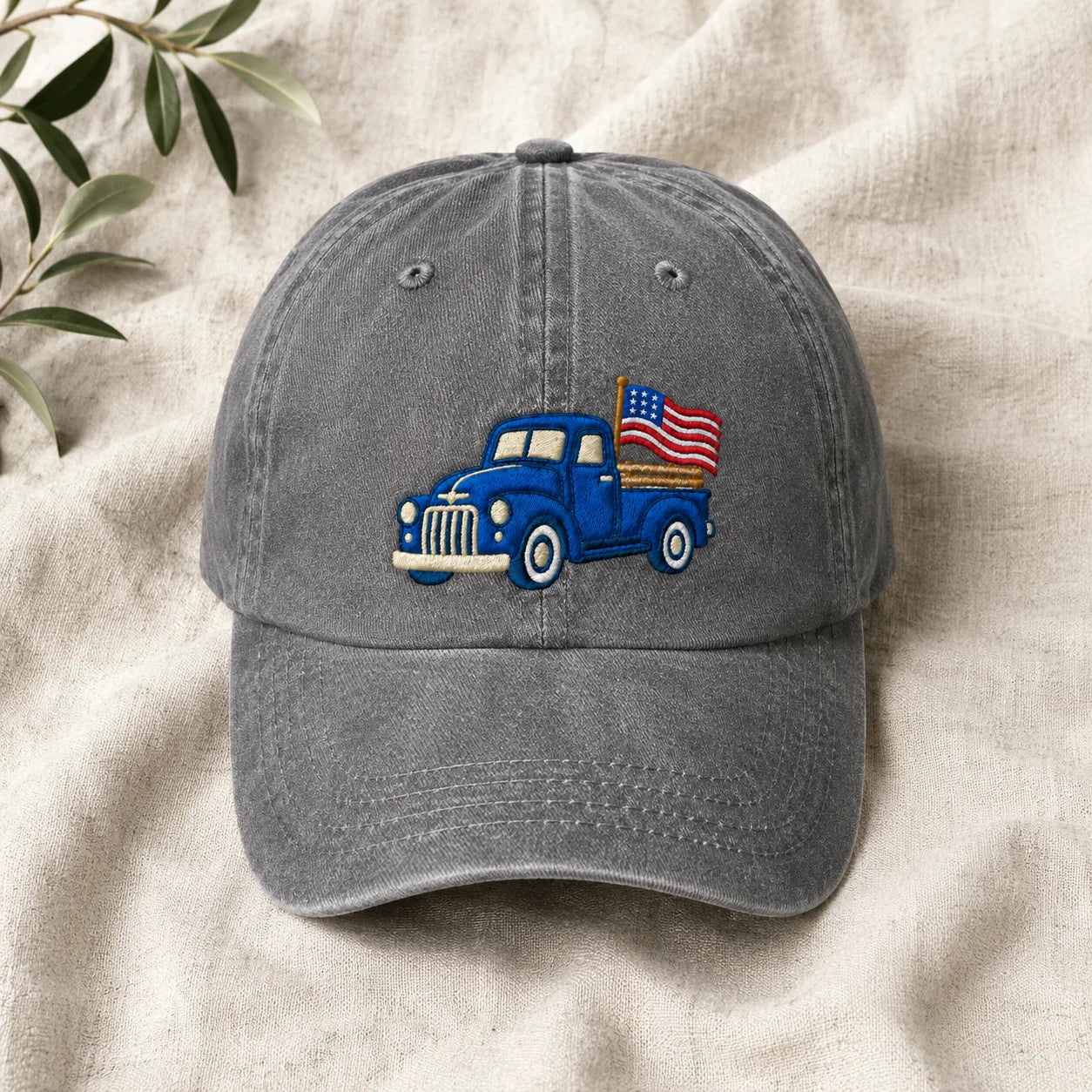 Blue Pickup Truck American Flag Washed Cap - washed cap - alternate angle