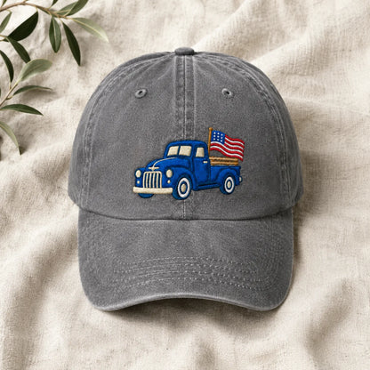 Blue Pickup Truck American Flag Washed Cap - washed cap - alternate angle