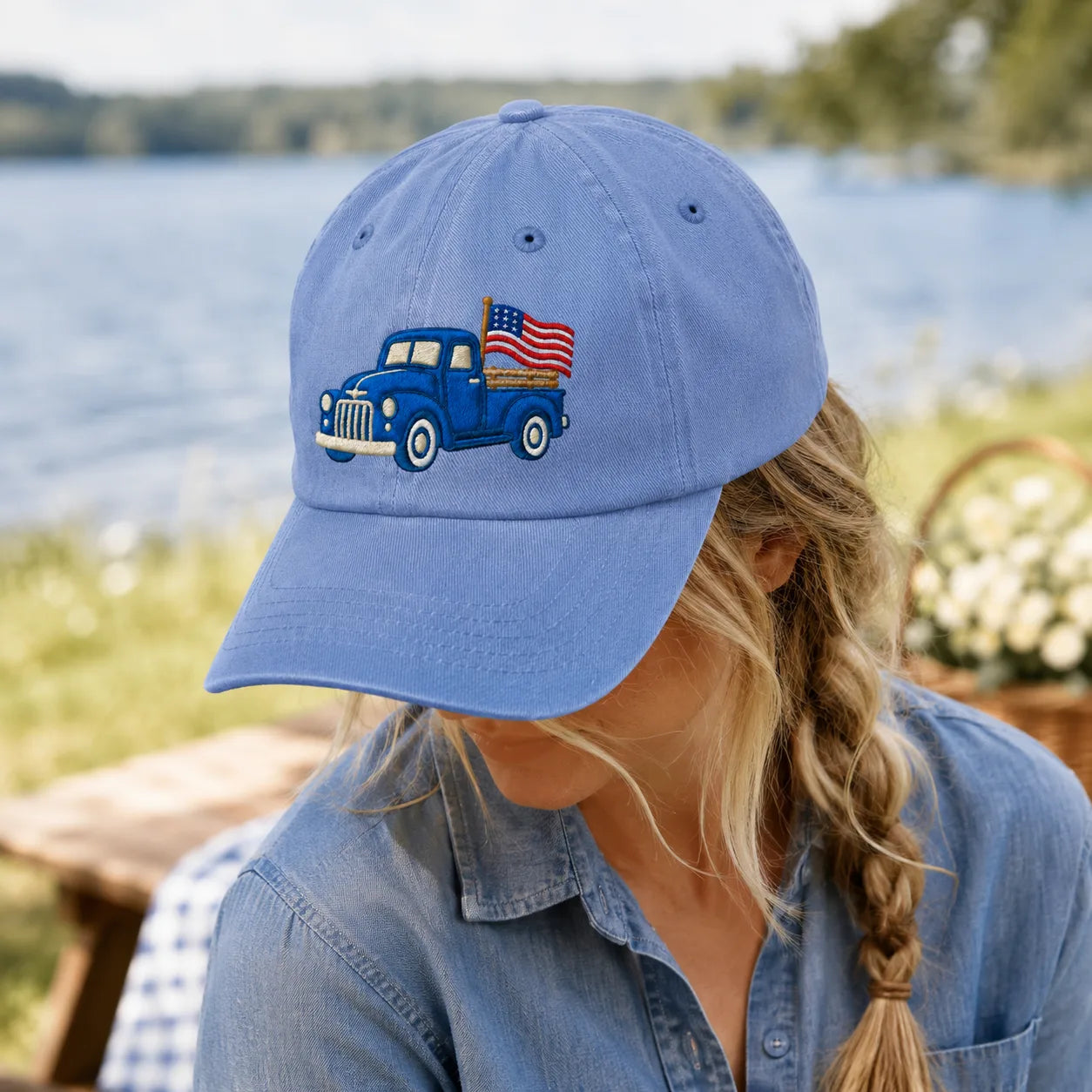 Blue Pickup Truck American Flag Washed Cap - washed cap - back view