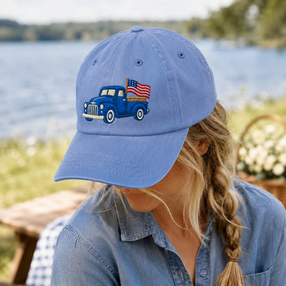 Blue Pickup Truck American Flag Washed Cap - washed cap - back view