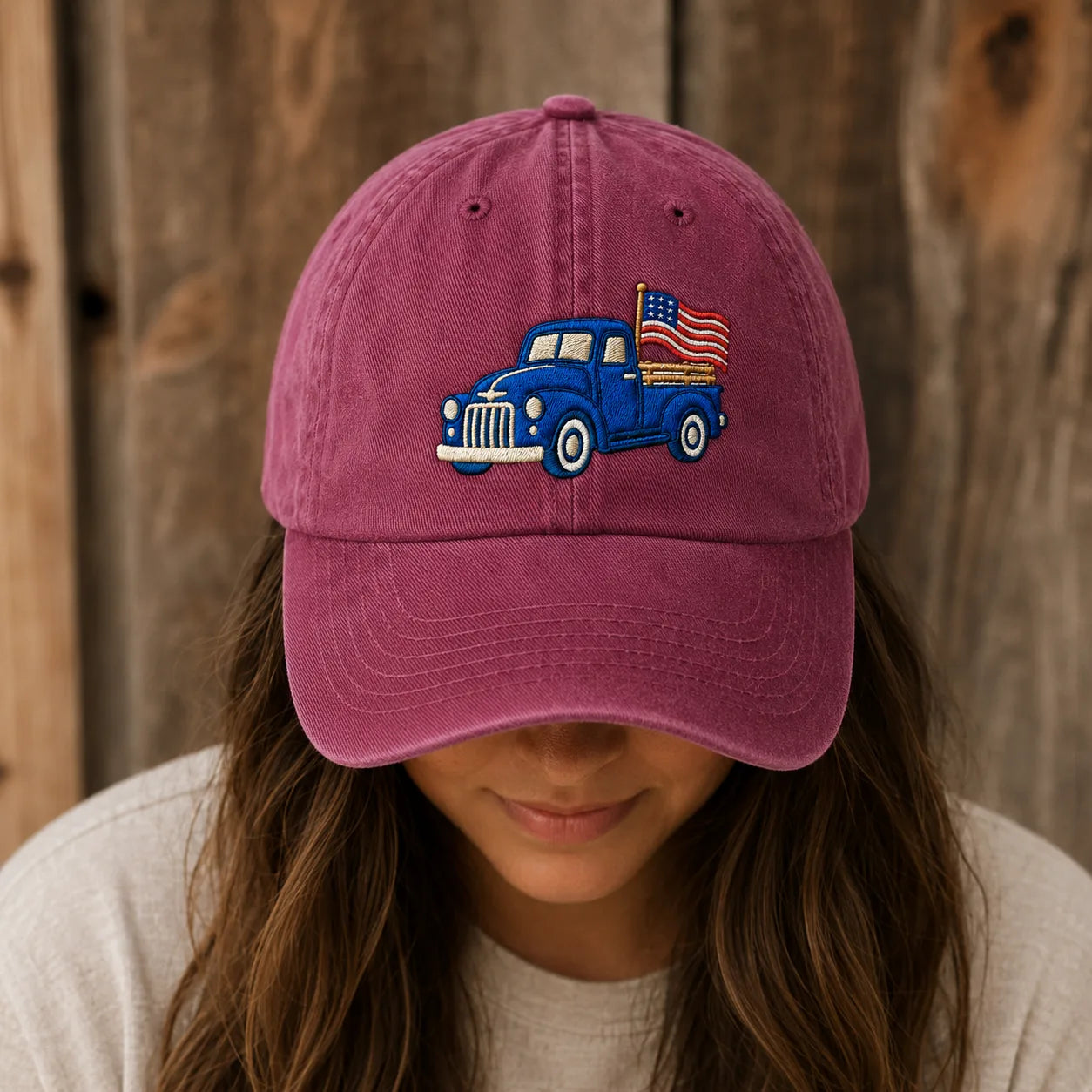 Blue Pickup Truck American Flag Washed Cap - washed cap - close up