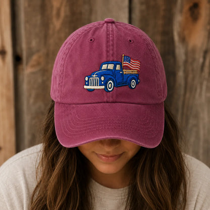 Blue Pickup Truck American Flag Washed Cap - washed cap - close up