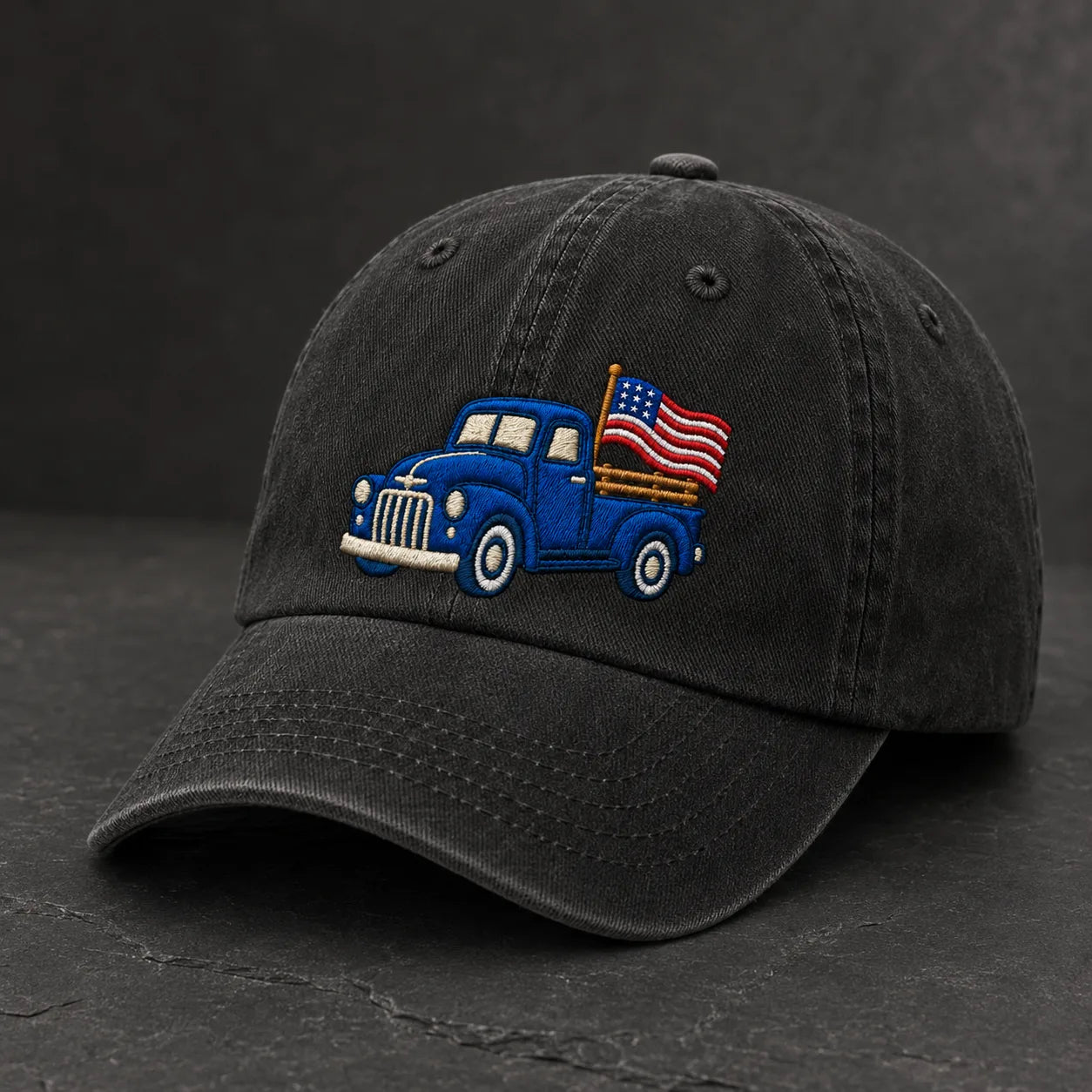Blue Pickup Truck American Flag Washed Cap - washed cap - detail