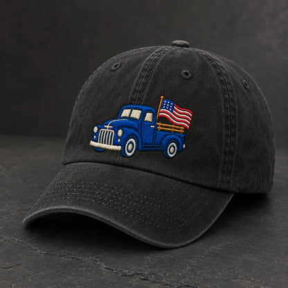 Blue Pickup Truck American Flag Washed Cap - washed cap - detail