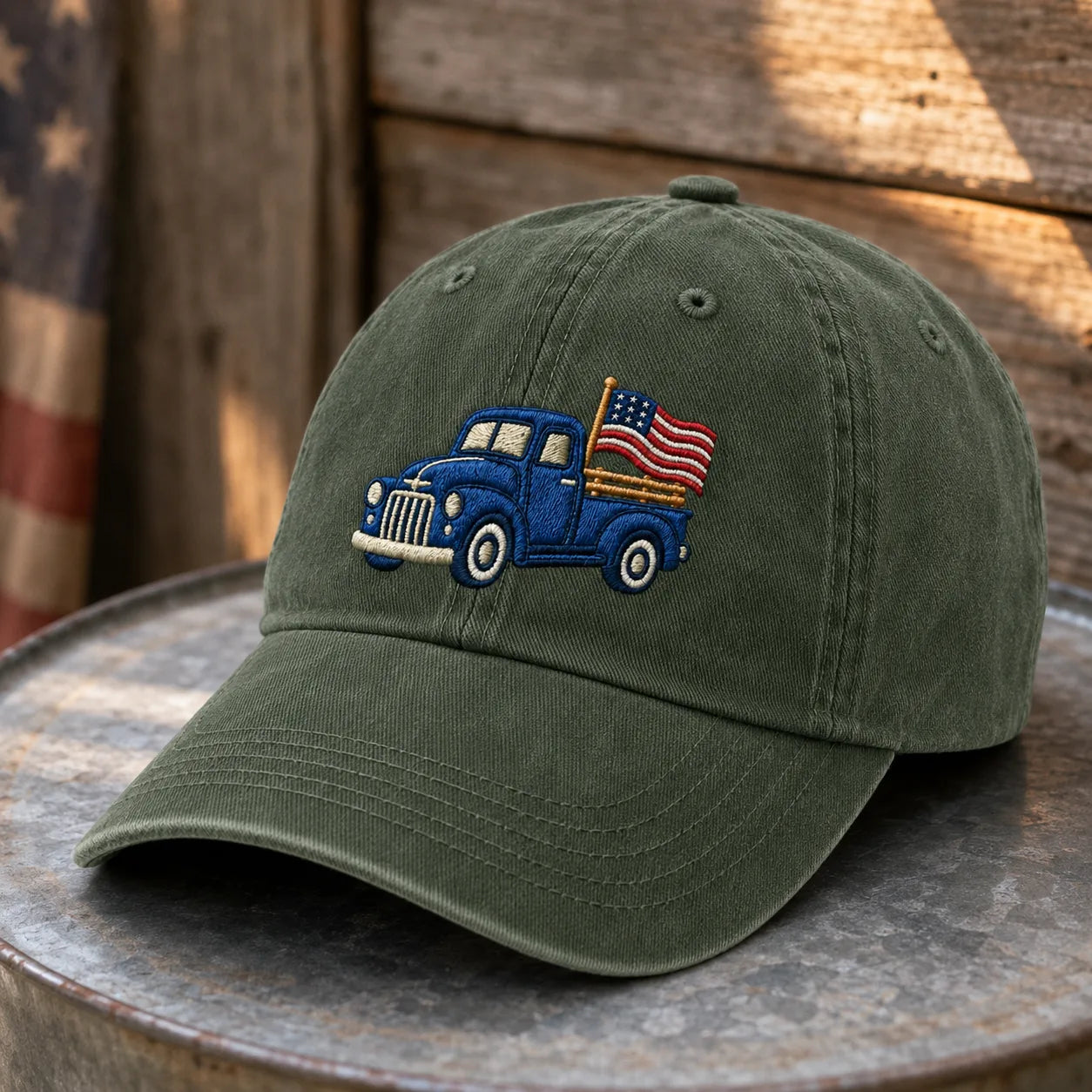 Blue Pickup Truck American Flag Washed Cap - washed cap - in use
