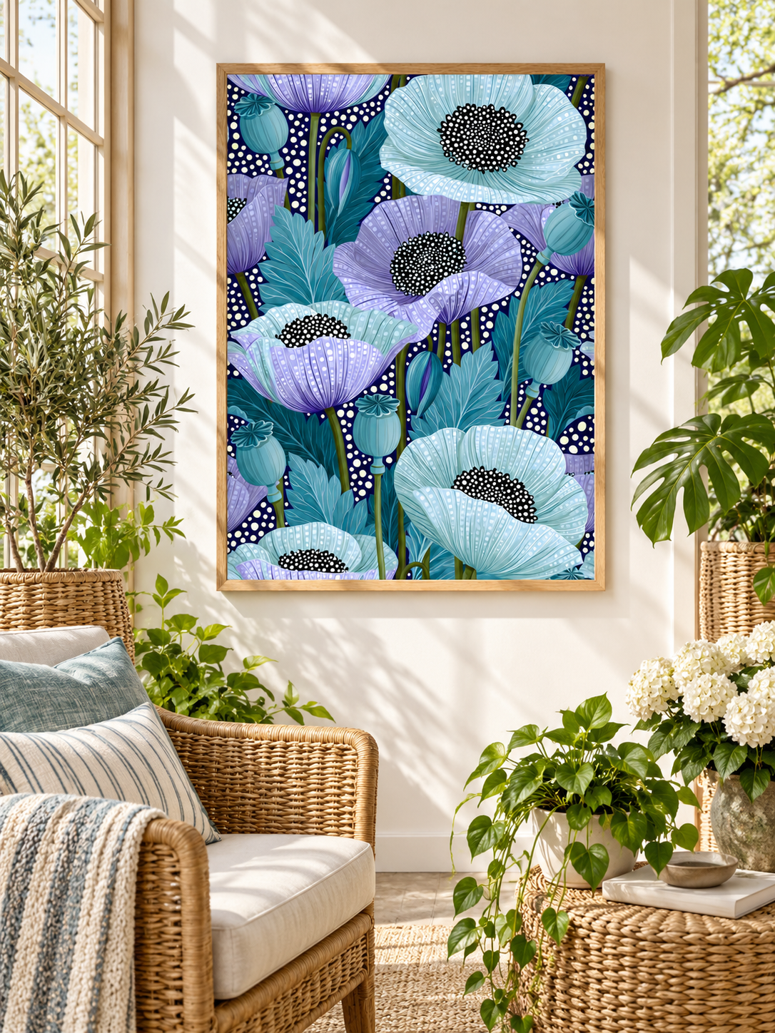 Blue Poppy Art Print - Wall Art Decor - alternate angle - blue poppy art print, teal floral wall art