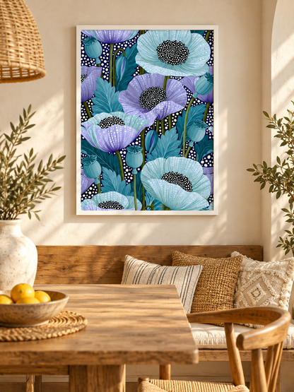 Blue Poppy Art Print - Wall Art Decor - detail view - blue poppy art print, teal floral wall art