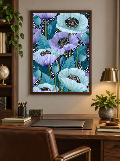 Blue Poppy Art Print - Wall Art Decor - lifestyle shot - blue poppy art print, teal floral wall art