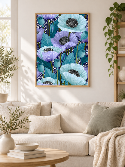 Blue Poppy Art Print - Wall Art Decor - alternate angle - blue poppy art print, teal floral wall art