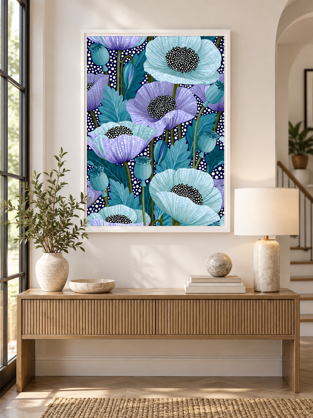 Blue Poppy Art Print - Wall Art Decor - front view - blue poppy art print, teal floral wall art