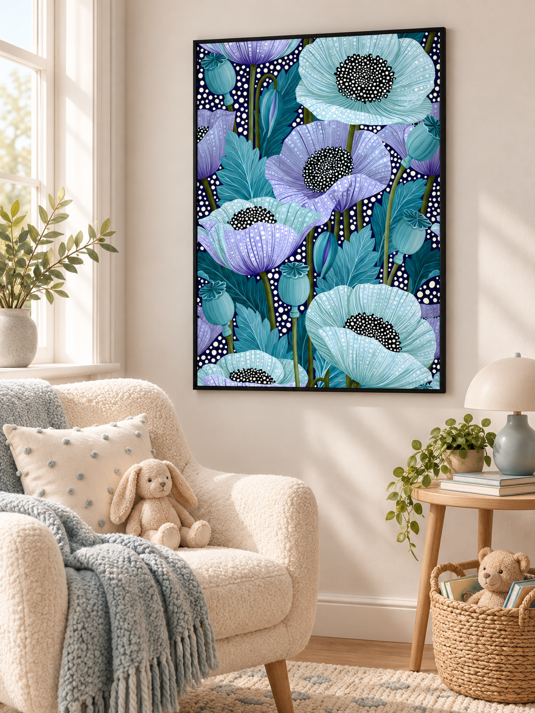 Blue Poppy Art Print - Wall Art Decor - detail view - blue poppy art print, teal floral wall art