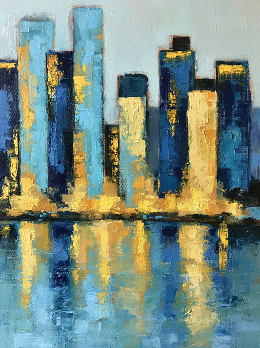 Blue Skyline Wall Art - Wall Art Decor - front view - blue skyline wall art, gold cityscape poster