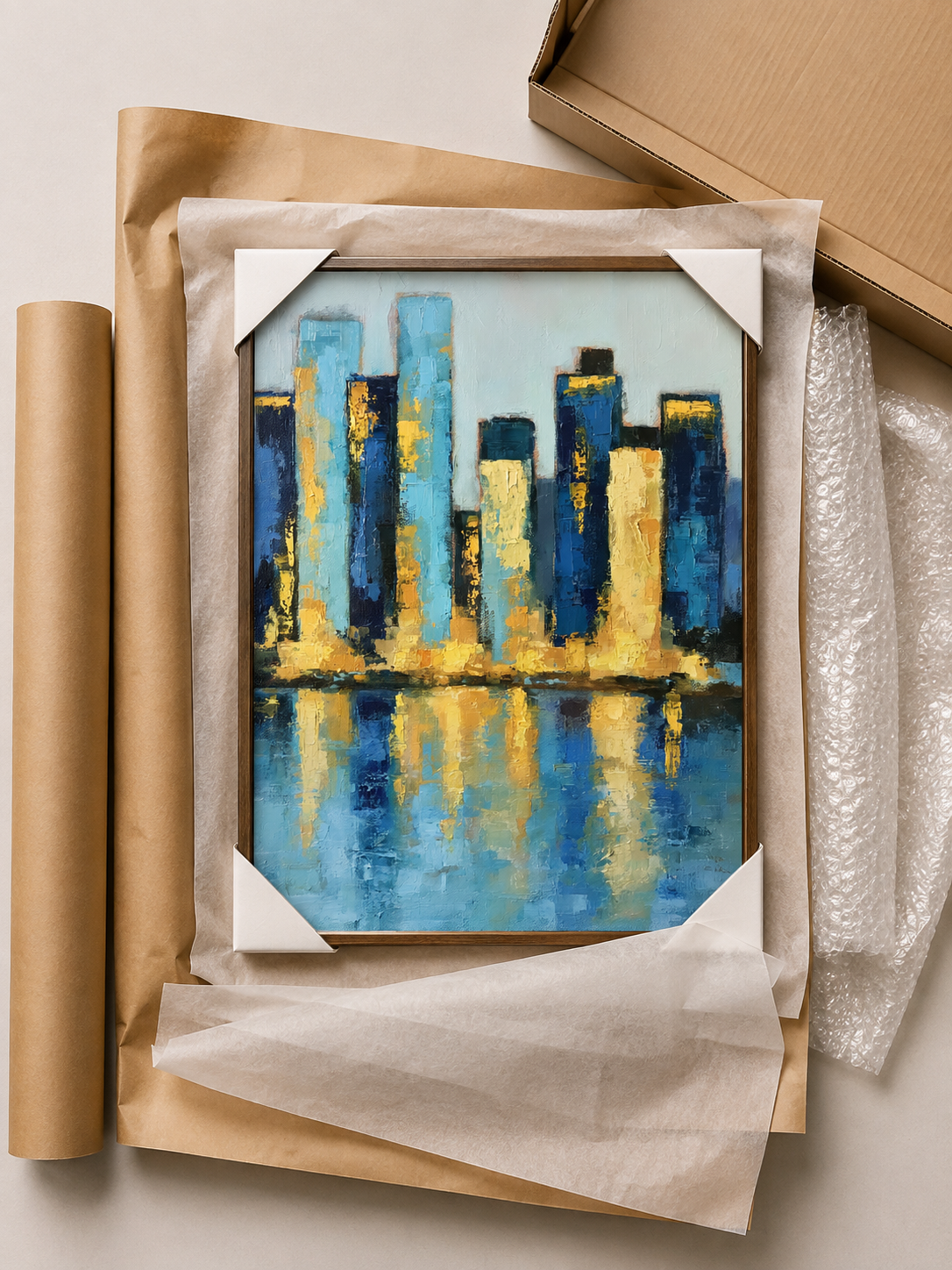 Blue Skyline Wall Art - Wall Art Decor - close-up - blue skyline wall art, gold cityscape poster