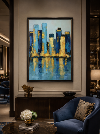 Blue Skyline Wall Art - Wall Art Decor - alternate angle - blue skyline wall art, gold cityscape poster