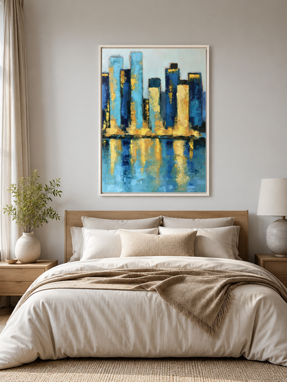 Blue Skyline Wall Art - Wall Art Decor - lifestyle shot - blue skyline wall art, gold cityscape poster