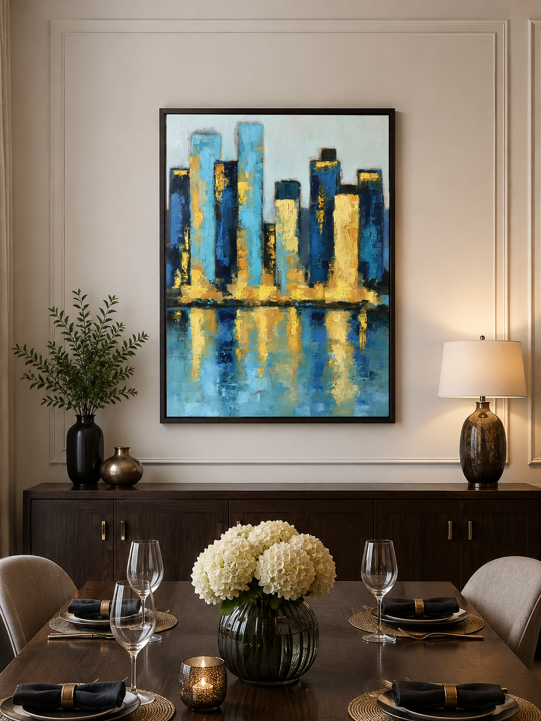 Blue Skyline Wall Art - Wall Art Decor - close-up - blue skyline wall art, gold cityscape poster