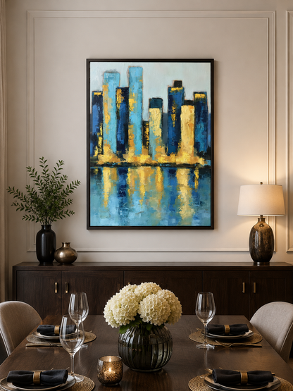 Blue Skyline Wall Art - Wall Art Decor - close-up - blue skyline wall art, gold cityscape poster