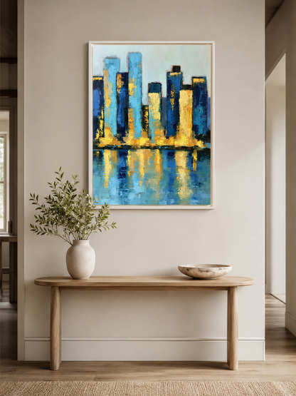 Blue Skyline Wall Art - Wall Art Decor - alternate angle - blue skyline wall art, gold cityscape poster
