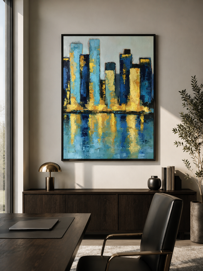 Blue Skyline Wall Art - Wall Art Decor - packaging - blue skyline wall art, gold cityscape poster