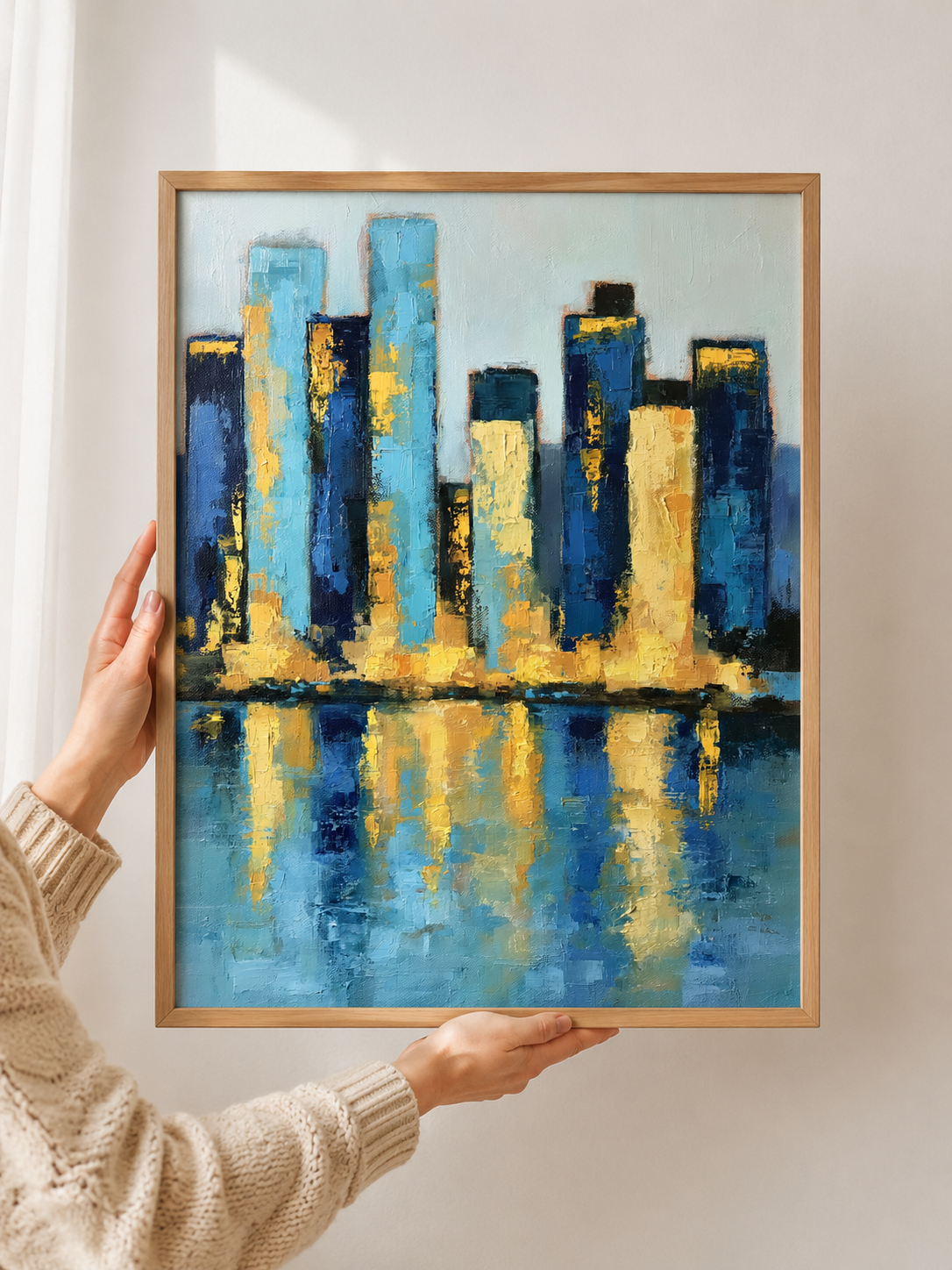 Blue Skyline Wall Art - Wall Art Decor - front view - blue skyline wall art, gold cityscape poster