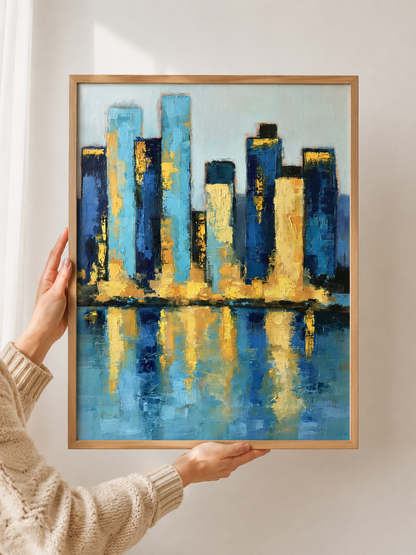 Blue Skyline Wall Art - Wall Art Decor - front view - blue skyline wall art, gold cityscape poster