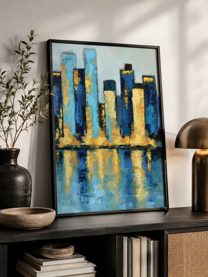Blue Skyline Wall Art - Wall Art Decor - detail view - blue skyline wall art, gold cityscape poster