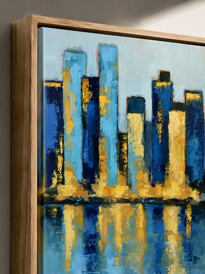 Blue Skyline Wall Art - Wall Art Decor - lifestyle shot - blue skyline wall art, gold cityscape poster