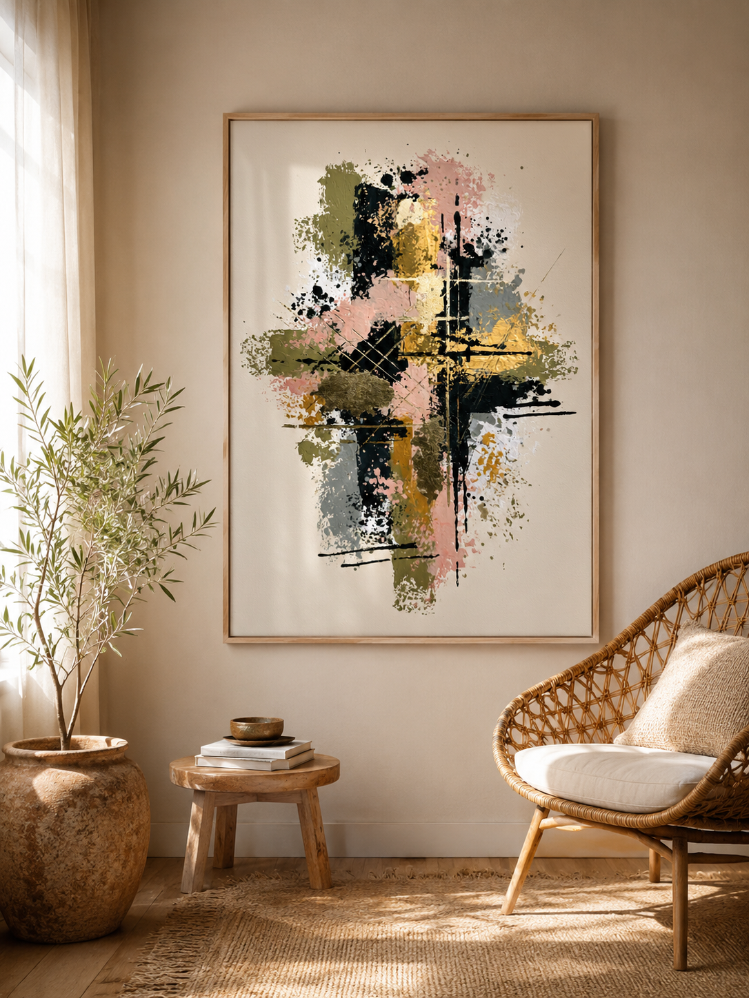 Blush Abstract Wall Art - Wall Art Decor - close-up - blush abstract wall art, olive abstract art print