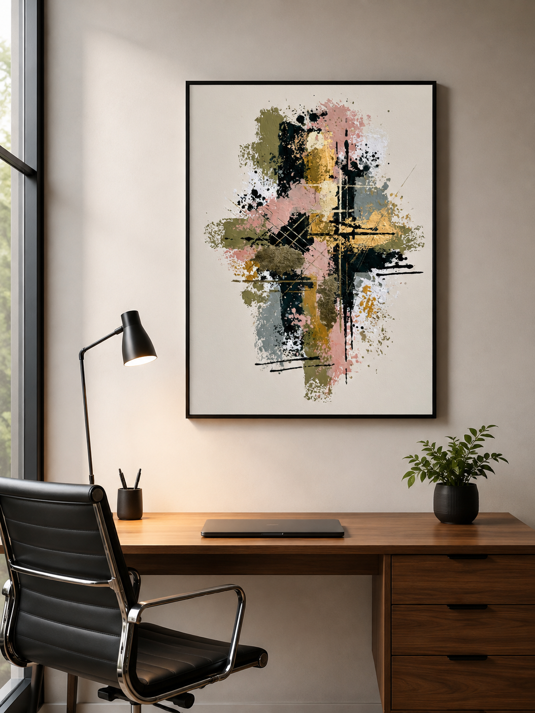 Blush Abstract Wall Art - Wall Art Decor - lifestyle shot - blush abstract wall art, olive abstract art print