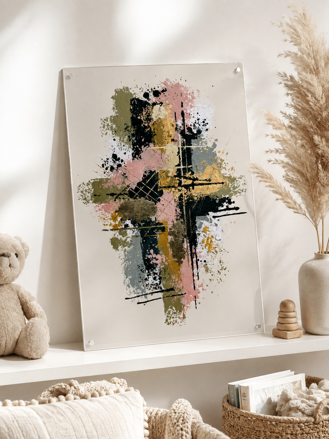 Blush Abstract Wall Art - Wall Art Decor - close-up - blush abstract wall art, olive abstract art print