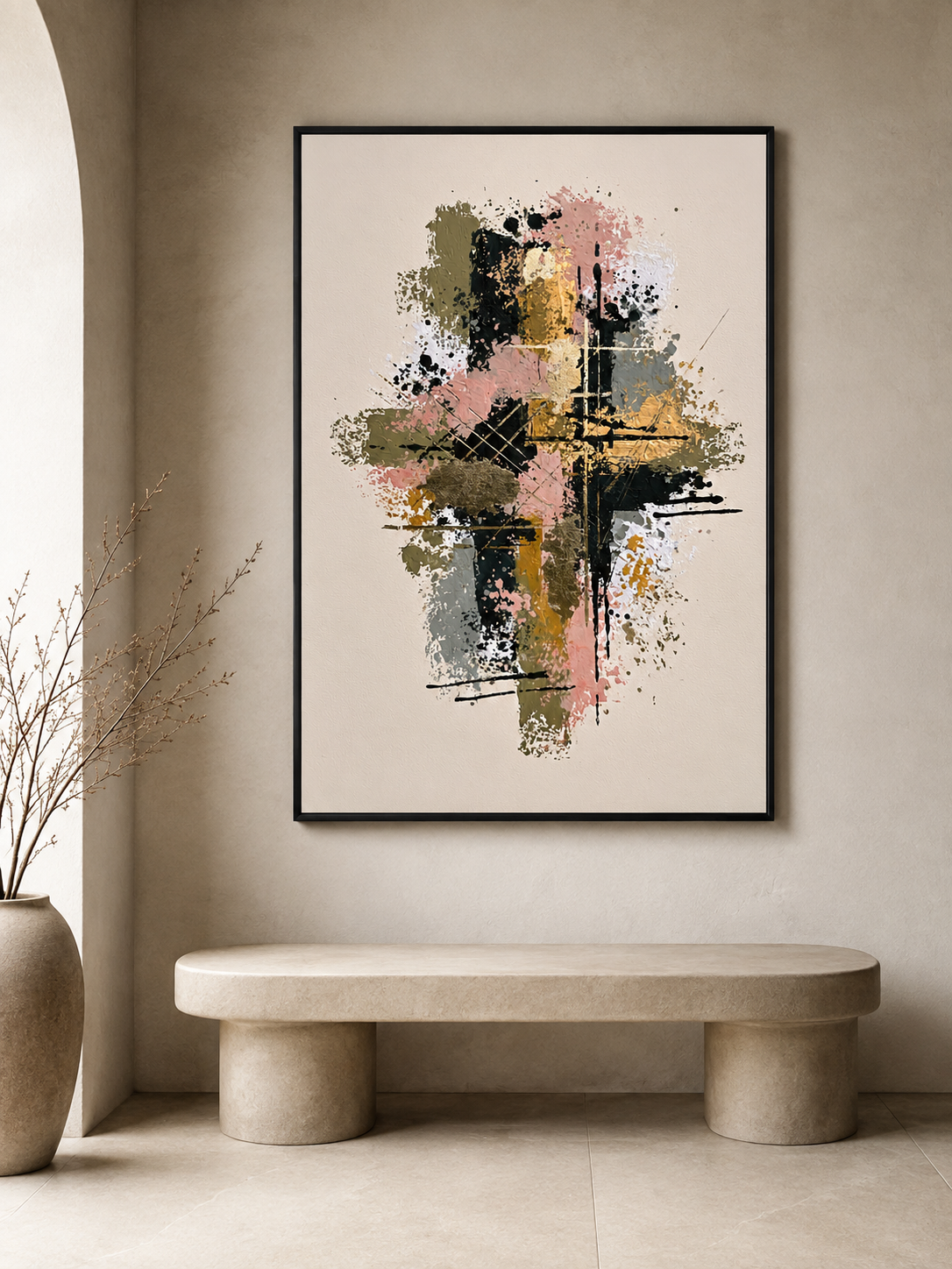 Blush Abstract Wall Art - Wall Art Decor - lifestyle shot - blush abstract wall art, olive abstract art print