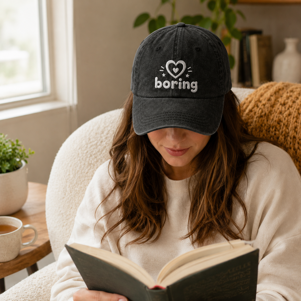 Boring Heart Embroidered Washed Cap - Washed Cap - side view