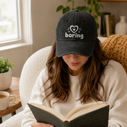 Boring Heart Embroidered Washed Cap - Washed Cap - side view