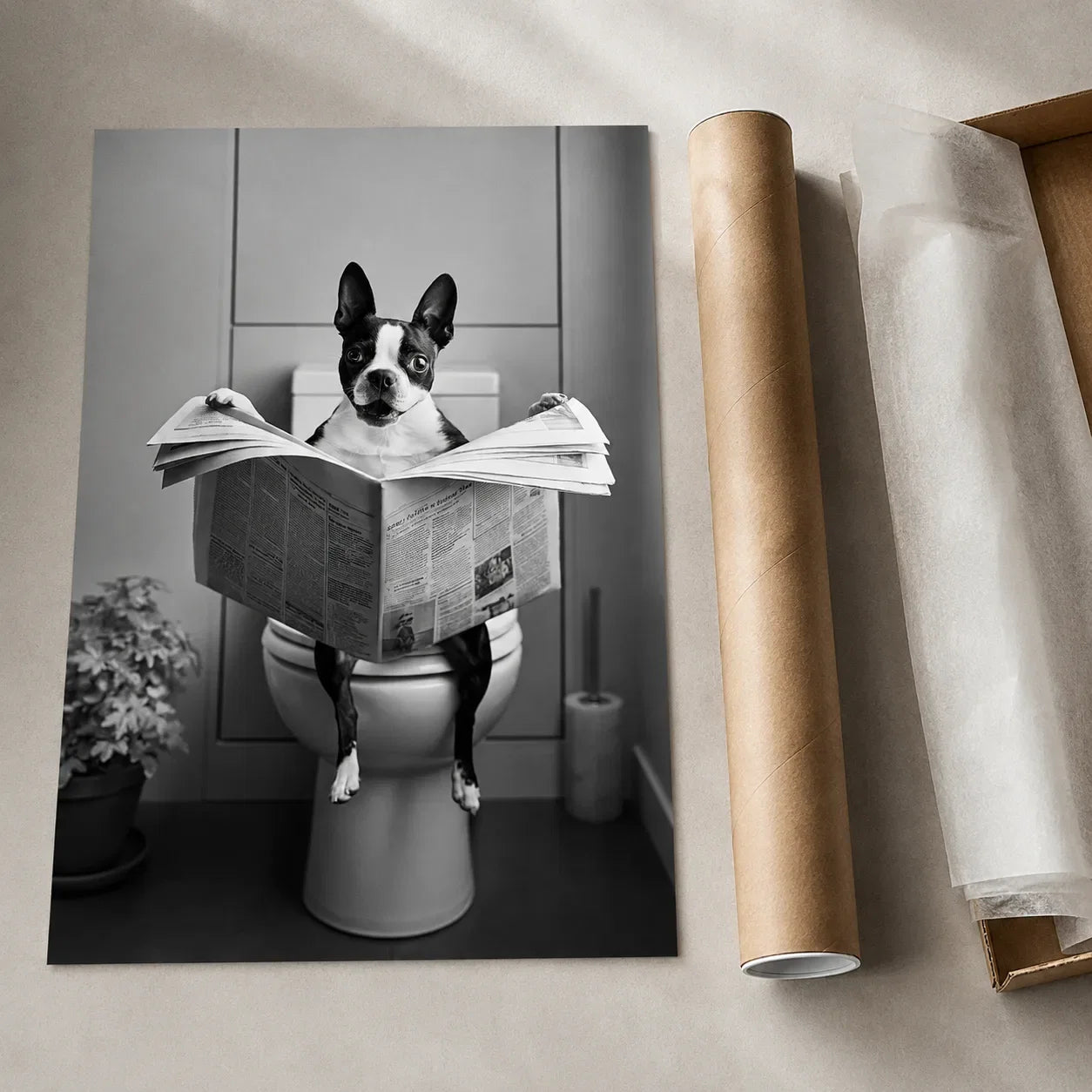 Boston Terrier Reading Newspaper Wall Art Decor - Wall Art Decor - back view