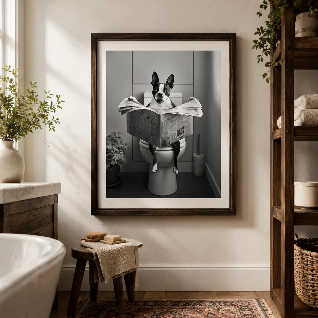 Boston Terrier Reading Newspaper Wall Art Decor - Wall Art Decor - in use