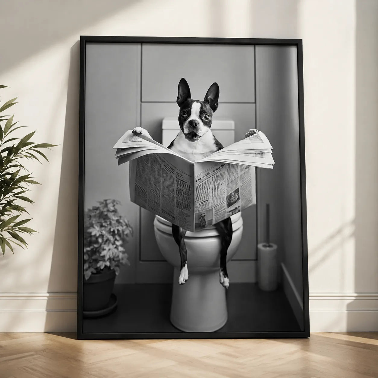 Boston Terrier Reading Newspaper Wall Art Decor - Wall Art Decor - side view