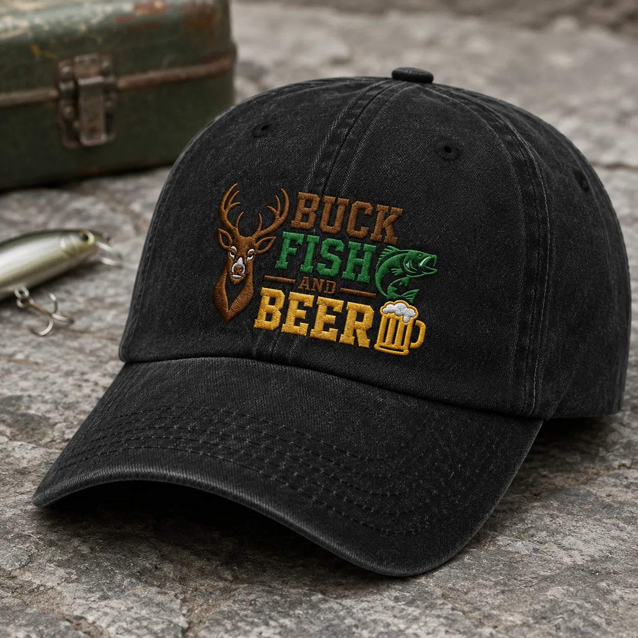 Buck Fish and Beer Washed Cap - washed cap - side view