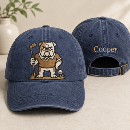 Bulldog Golfer Embroidered Washed Cap - Washed Cap - front view